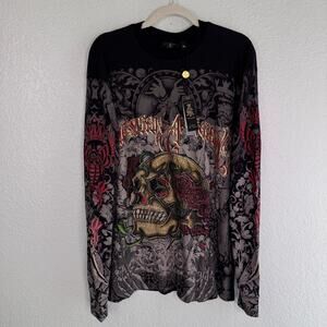 Christian Audigier Shirt Mens XL Thermal Skull Rose Rhinestone Y2K Tattoo NEW